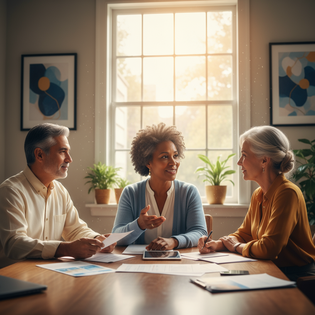 Senior citizens discussing Medicare plans